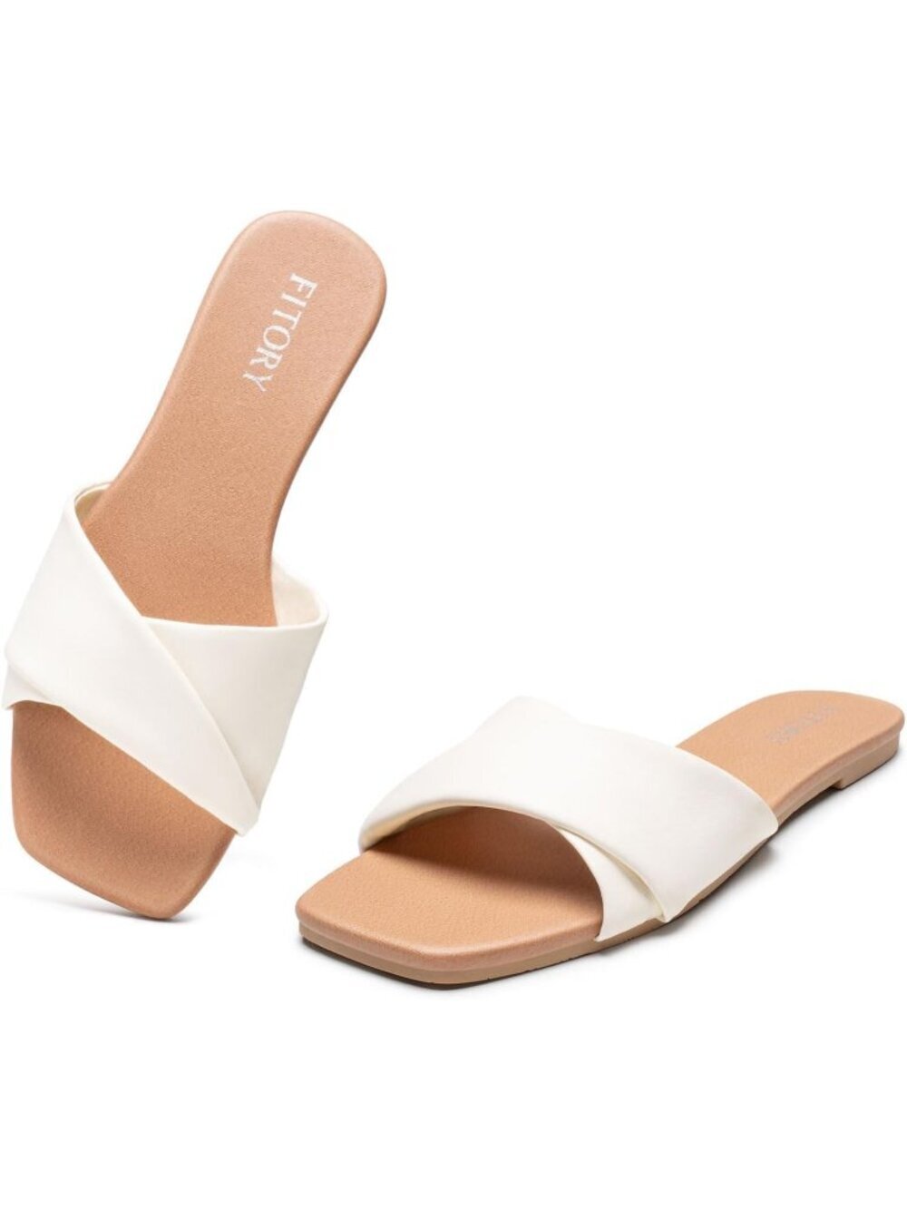 Women's Off White Flat Square Slides With Cross Strap Soft Leather Slippers